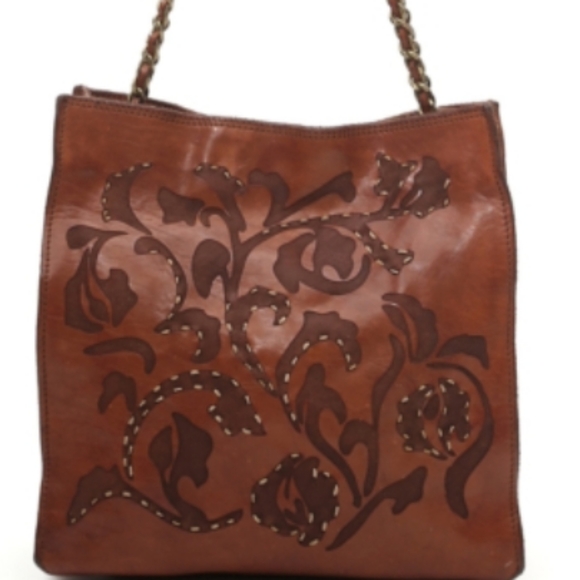 CAMPOMAGGI Small 'Aurora' shopping bag in cognac leather and floral raster New - Picture 3 of 11